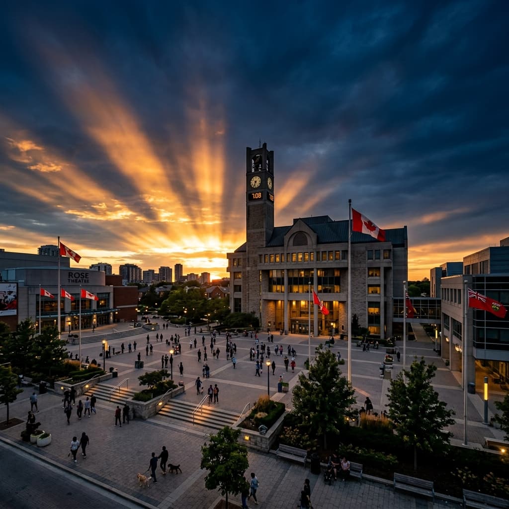 Brampton City Hall at golden hour — civic landscape